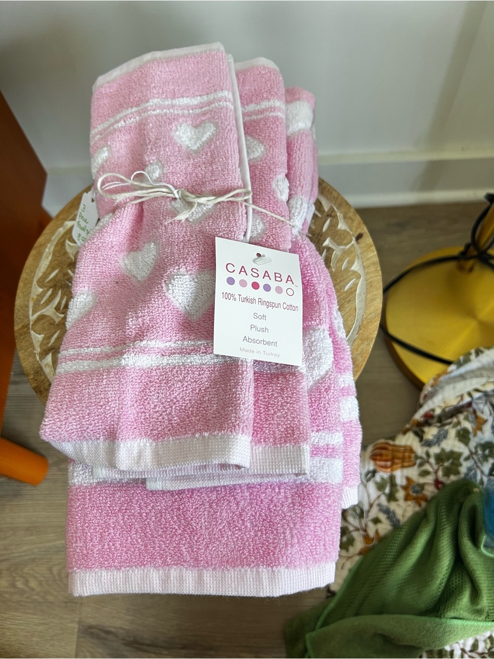Casaba 100% Turkish Ringspun Cotton Pink Heart Towel Set 1-hand 2-wash towels